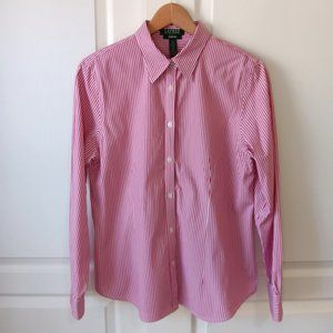 Lauren Ralph Lauren Women's Pink Stripe Slim Fit Button Front Shirt Size 14